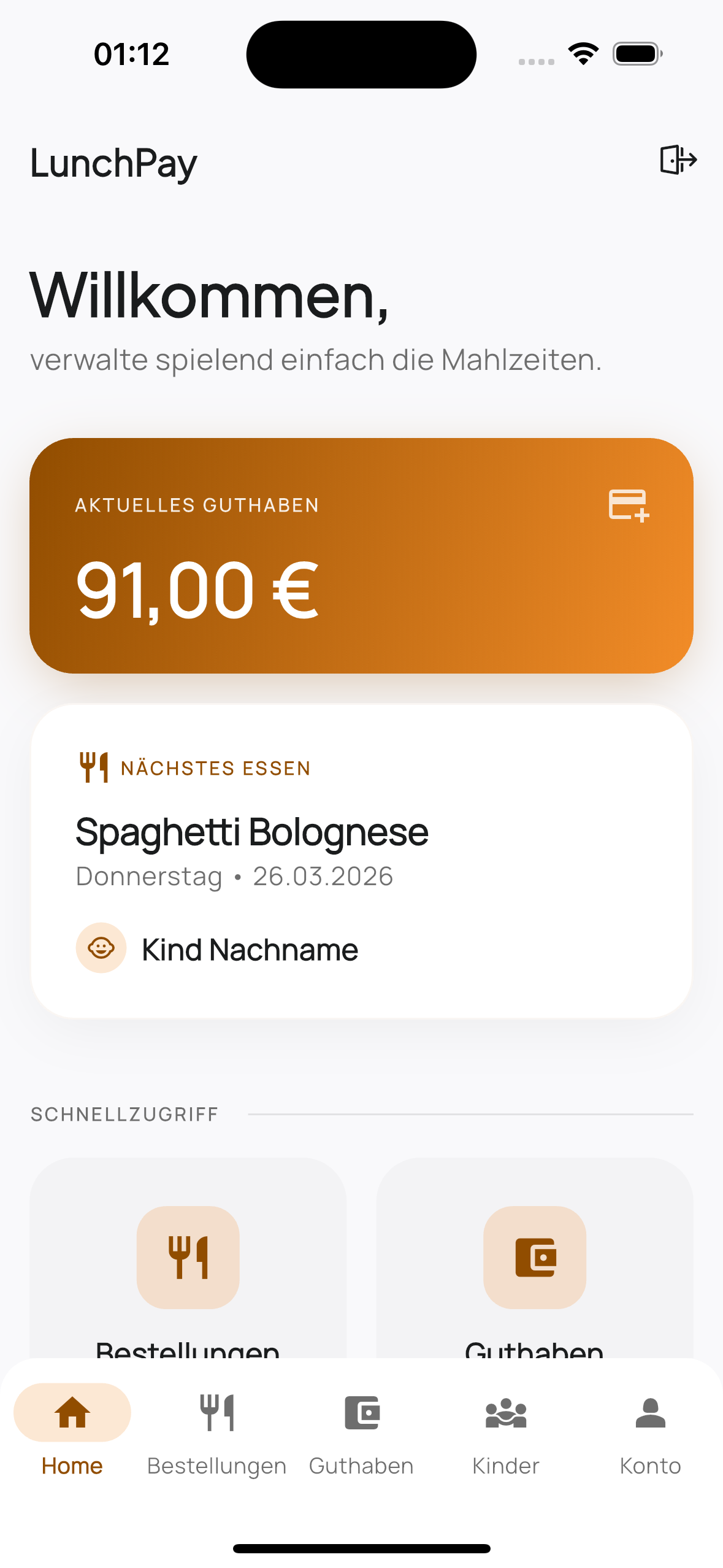 LunchPay Eltern-App: Startbildschirm mit Guthaben und nächsten Mahlzeiten